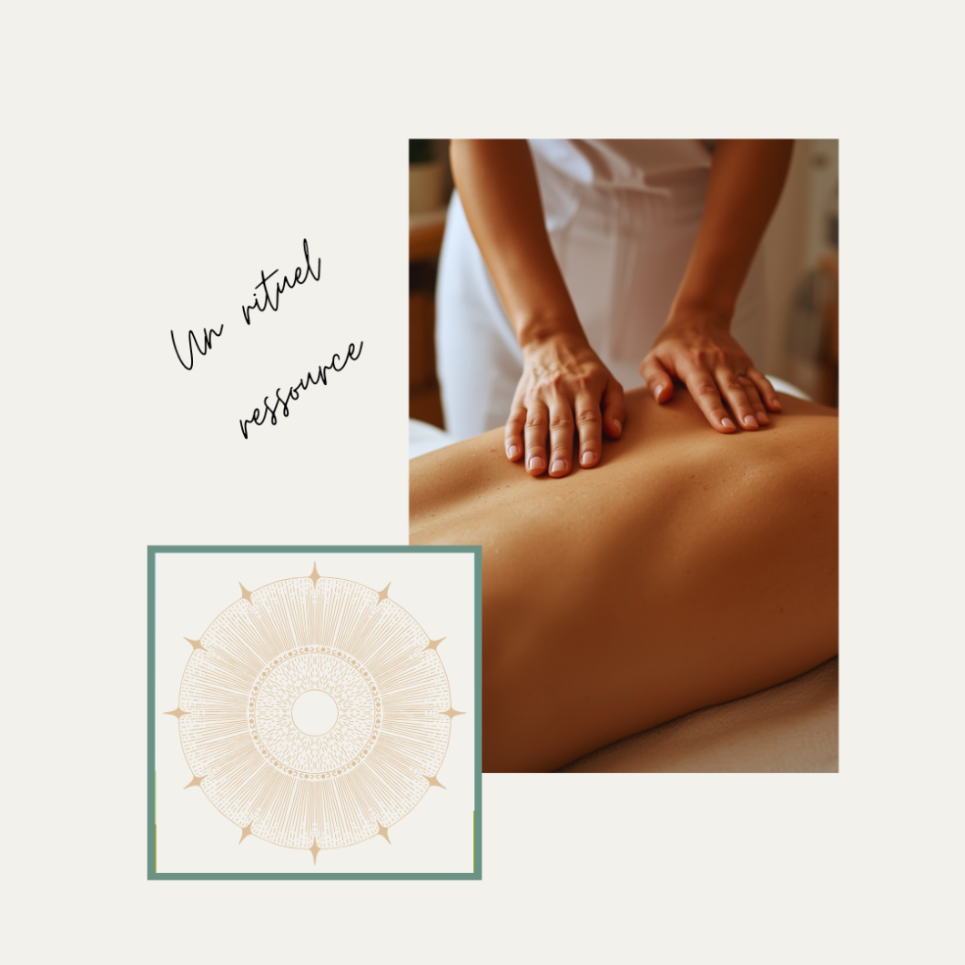 Hands performing a back massage on a person, with decorative mandala element and soft beige background, conveying wellness ritual theme.