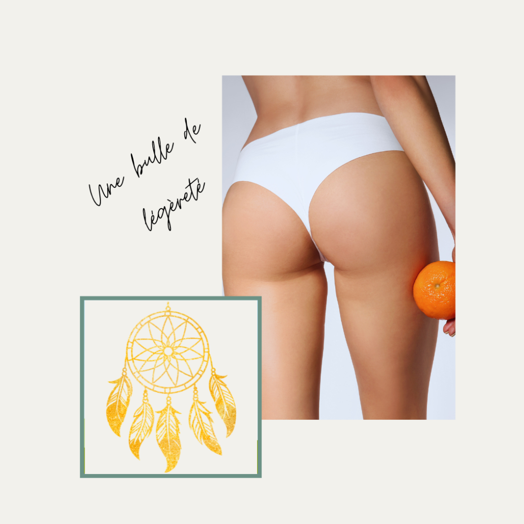Back view of a woman in white bikini bottoms holding an orange, with a yellow dreamcatcher illustration in a framed square and cursive caption 'Une boule de légèreté'.