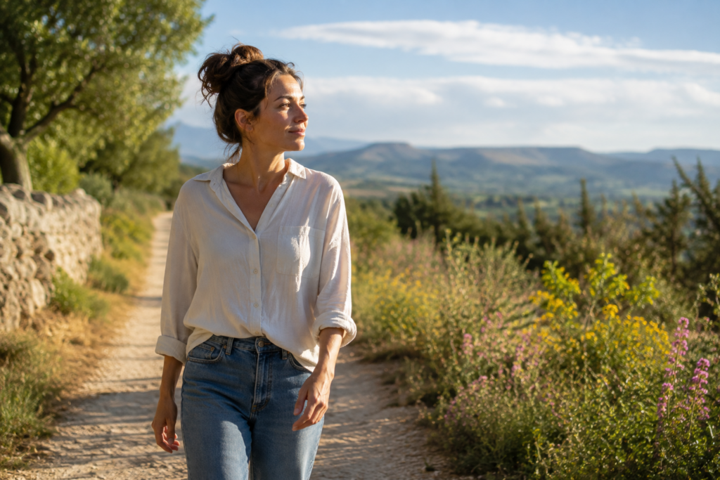 Femme marchant seule dans la nature et prenant du temps pour elle