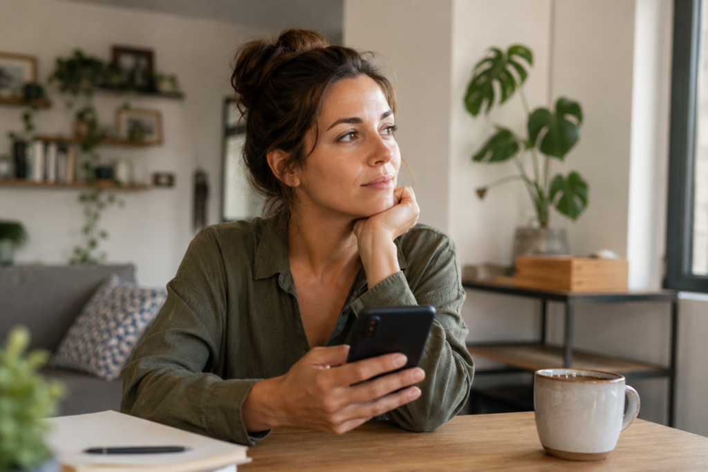 Femme prenant le temps de réfléchir avant de répondre à un message
