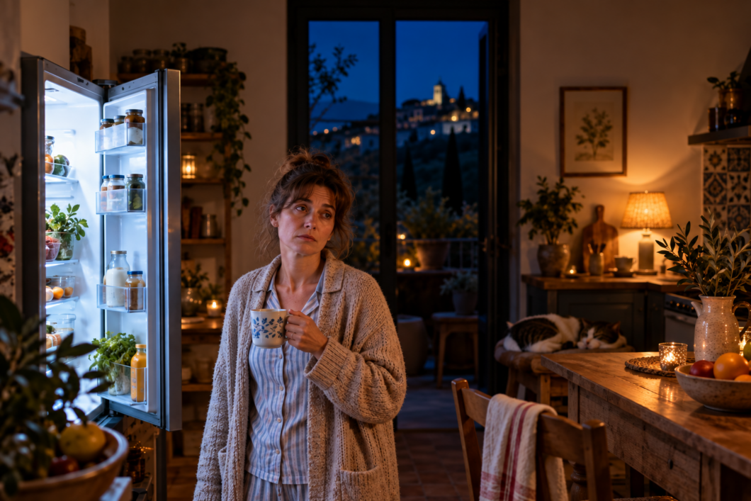 Réveils nocturnes, Femme fatiguée, réveillée en pleine nuit, une tasse à la main devant son réfrigérateur ouvert.