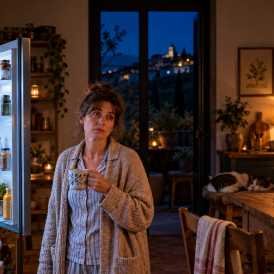Réveils nocturnes, Femme fatiguée, réveillée en pleine nuit, une tasse à la main devant son réfrigérateur ouvert.
