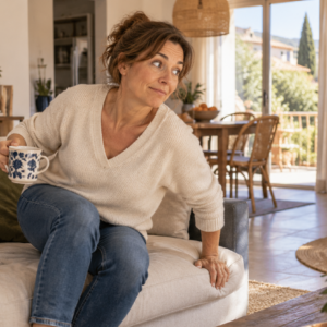 Je n'arrive pas à me détendre, Femme sur le point de se relever du canapé après avoir remarqué une nouvelle tâche à accomplir.