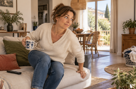 Je n'arrive pas à me détendre, Femme sur le point de se relever du canapé après avoir remarqué une nouvelle tâche à accomplir.
