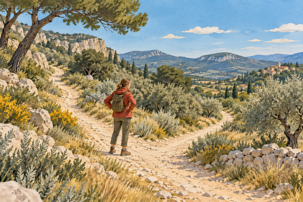ma vie ne me ressemble plus, Illustration d’une randonneuse devant une bifurcation sur un sentier provençal.