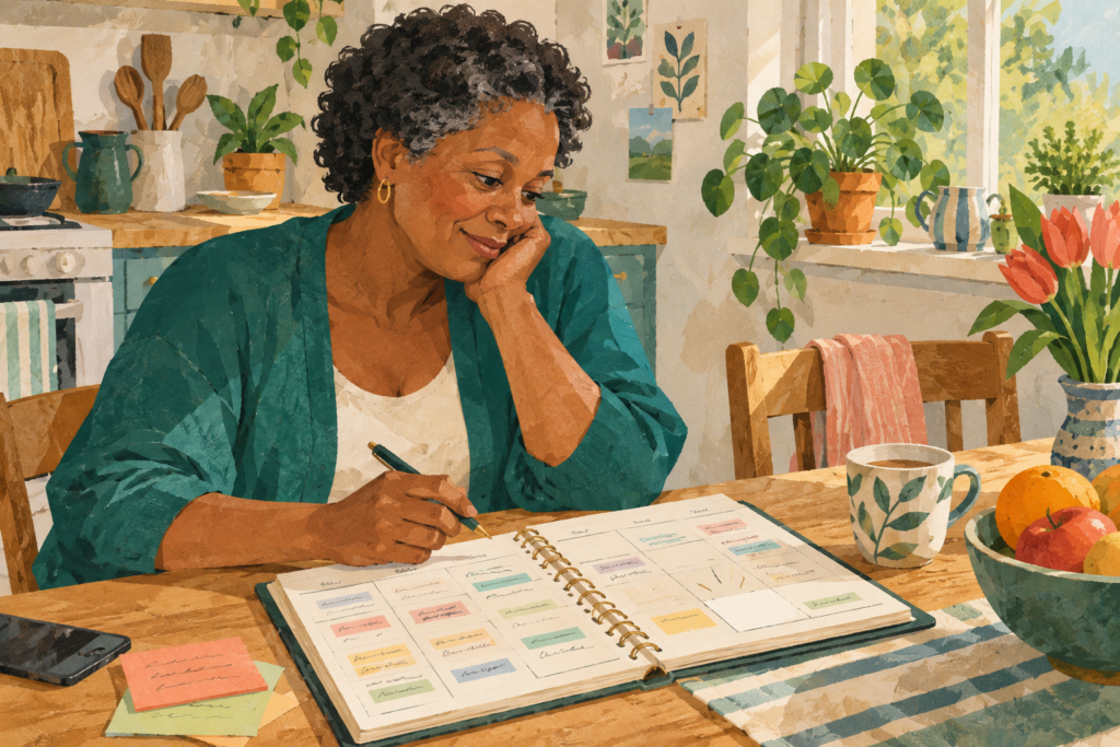 Illustration d’une femme consultant son agenda dans une cuisine lumineuse.