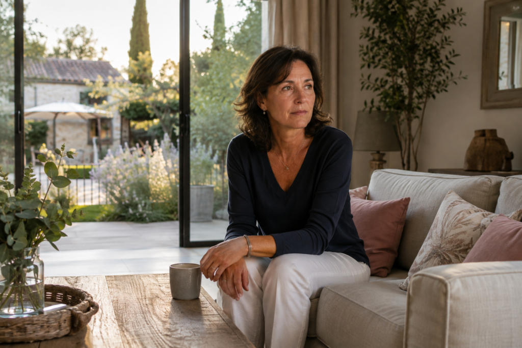 Femme assise dans un salon lumineux, le regard encore en alerte malgré le calme autour d’elle, je n'arrive pas à me détendre