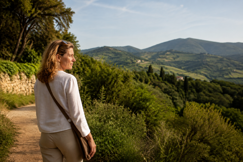 Femme marchant lentement sur un chemin face aux collines dans la lumière de fin de journée
