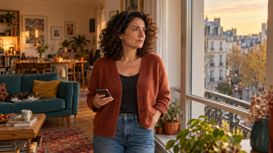 J'imagine toujours le pire. Femme préoccupée près d’une fenêtre, son téléphone à la main, en attendant une réponse.