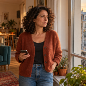 J'imagine toujours le pire. Femme préoccupée près d’une fenêtre, son téléphone à la main, en attendant une réponse.
