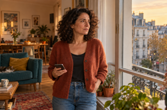 J'imagine toujours le pire. Femme préoccupée près d’une fenêtre, son téléphone à la main, en attendant une réponse.