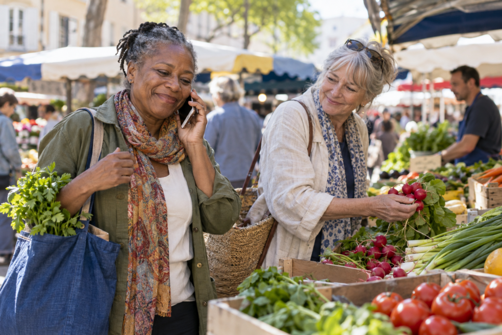 Femme soulagée après un appel téléphonique au marché, accompagnée d’une amie.