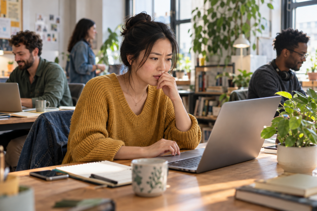 Imagine toujours le pire. Femme préoccupée devant un ordinateur après avoir reçu un courriel au travail.
