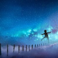 the boy balancing on wood sticks against the Milky Way with many stars, digital art style, illustration painting
