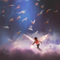 boy with angel wings holding a glowing ball running through group of birds, digital art style, illustration painting